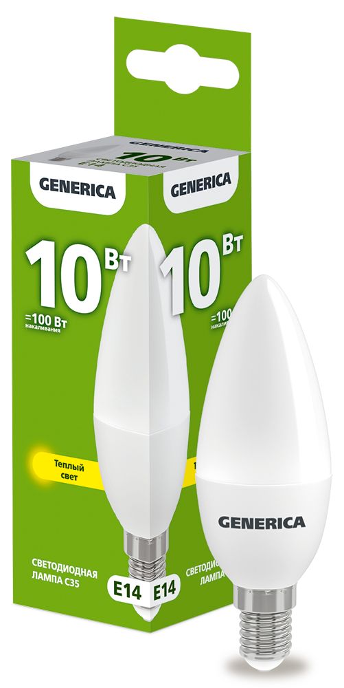Лампа светодиодная C35 свеча 10Вт 230В 3000К E14 GENERICA (LL-C35-10-230-30-E14-G)