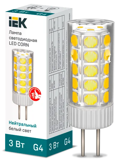 Светодиодная капсульная лампа LED CORN капсула 3Вт 12В 4000К керамика G4 IEK является заменой капсульных галогенных ламп соответствующего цоколя и используются как для основного освещения жилых и коммерческих помещений, так и для точечной и акцентной подсветки.