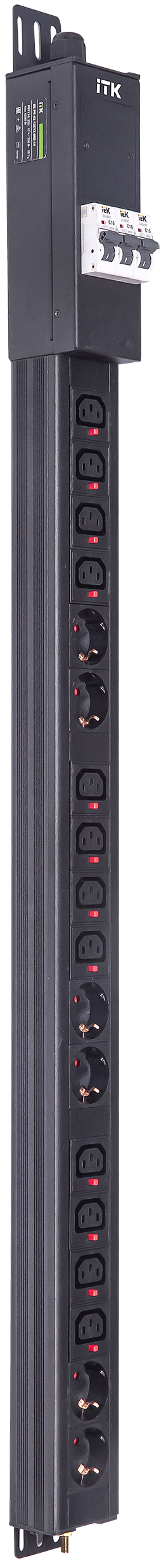 ITK BASE PDU вертикальный PV1114 24U 3 фазы 16А 6 розеток SCHUKO (немецкий стандарт) + 12 розеток C13 с клеммной колодкой и кабелем 3м вилка IEC60309 (промышленная)
