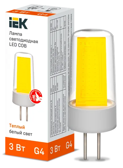 Светодиодная капсульная лампа LED COB капсула 3Вт 230В 3000К керамика G4 IEK является заменой капсульных галогенных ламп соответствующего цоколя и используются как для основного освещения жилых и коммерческих помещений, так и для точечной и акцентной подсветки.