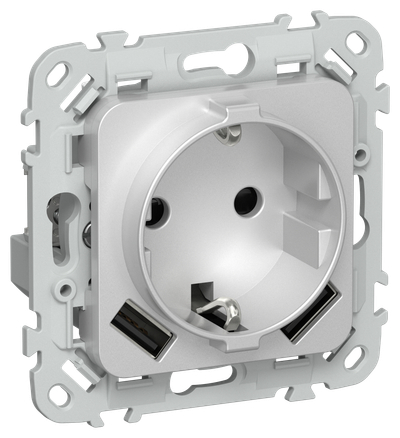 FLITE Розетка 1-местная с заземлением с защитными шторками 16А с USB A+A 3,1А РСЮша11-0-ФлА алюминий IEK