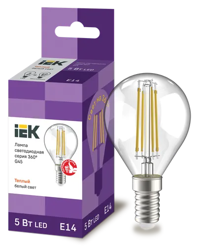 LED lamp G45 ball transparent. 5W 230V 3000K E14 series 360° IEK with filament LED (filament thread) is one of the most efficient light sources.
The main difference from conventional LED lamps is the light dispersion angle of up to 360° (additional comfort for the eyes). The lamp is used in household lighting devices. Presented in 3 versions: with transparent, gilded and matte flasks.
Complies with the requirements of the Technical Regulations of the Customs Union TR TS 004/2011, TR TS 020/2011, IEC 62560 and Decree of the Government of the Russian Federation dated November 10, 2017 No. 1356.