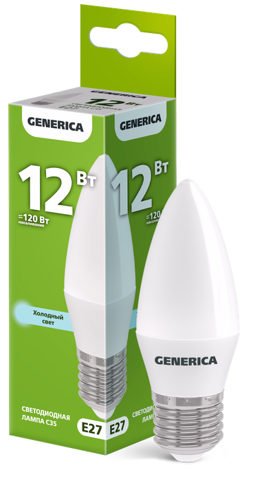 Лампа светодиодная C35 свеча 12Вт 230В 6500К E27 GENERICA