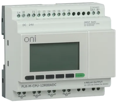 Модуль ЦПУ микро ПЛК ONI с возможностью расширения количества каналов ввода-вывода и коммуникаций с помощью модулей расширения ONI PLR-S. С интегрированным полнофункциональным экраном, 8 дискретными входами, из которых 4 можно использовать как аналоговые 0-10В и 4 как высокоскоростные счетчики до 60кГц и 4 релейными выходами. Архивация данных процесса при использовании стандартной SD карты. Интегрированно 2 интерфейса RS485 и 1 интерфейс Ethernet с поддержкой Modbus TCP/RTU/ASCII и MQTT протоколов. Предназначен для управления автоматизированным оборудованием. Напряжение питания 24В DC.