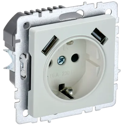 BRITE Socket outlet 1-gang with earthing with protective shutters 16A with USB A+A 5V 3.1A RYUSH10-2-BRJ pearl IEK