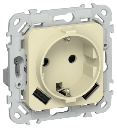 FLITE Розетка 1-местная с заземлением с защитными шторками 16А с USB A+A 3,1А безвинтовое крепление РСЮша11-1-ФлН навахо IEK