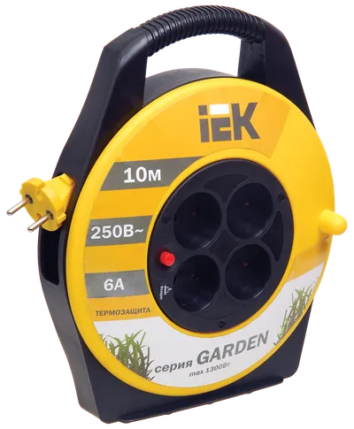 An extension cord on a reel makes it easy to connect electrical equipment remote from a fixed outlet. Indispensable in the garden, in amusement parks, in industry and in everyday life.