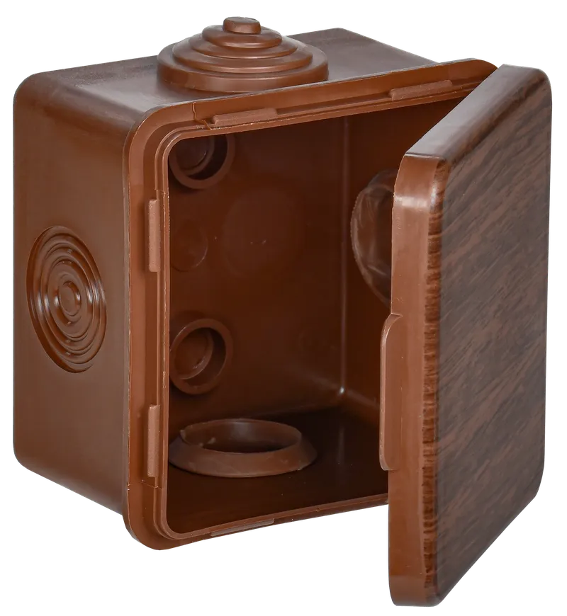Коробка распаячная КМ для открытой проводки с откидной крышкой 65х65х50мм IP54 4 гермоввода дуб IEK