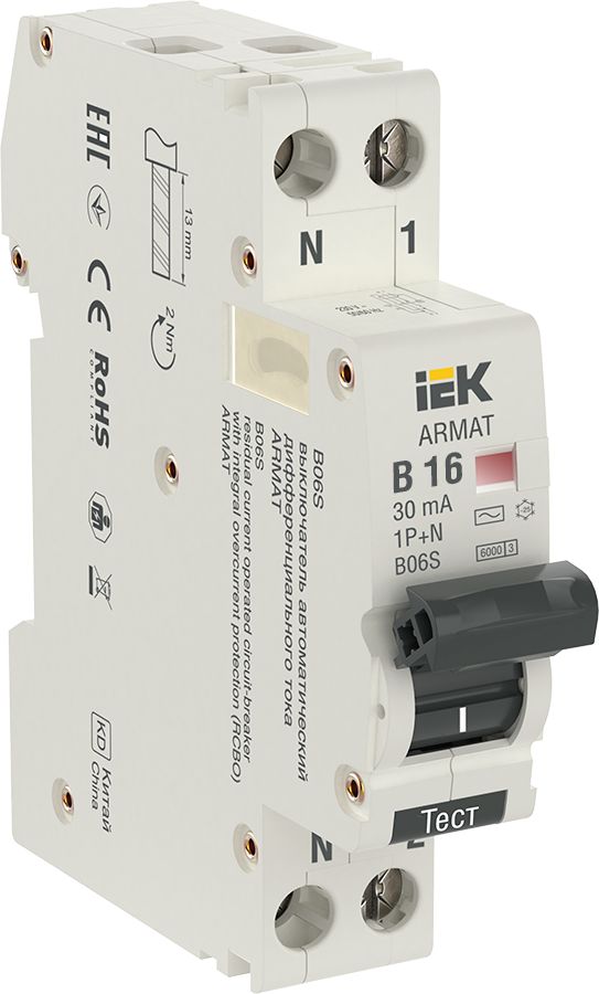 ARMAT Автоматический выключатель дифференциального тока B06S 1P+NP B16 30мА тип AC (18мм) IEK (AR-B06S-1N-B16C030)