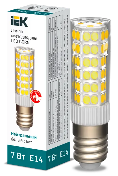 LED capsule lamp LED CORN capsule 7W 230V 4000K ceramics E14 IEK is a replacement for capsule halogen lamps of the corresponding base and is used both for basic lighting of residential and commercial premises, and for spot and accent lighting.
