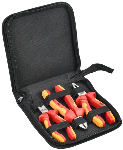 The dielectric tool set N-01 of the K3 series (Expert) is designed for use under voltage up to 1000 V.
The set includes pliers 160mm, side cutters 160mm and needle-nose pliers 160mm.
Handle material – polypropylene and polyvinyl chloride PP+PVC.
