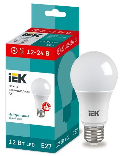 LED lamp A60 ball 12W 12-24V 4000K E27 IEK is used in 12-24 or 24-48V DC and AC networks, in rooms with high humidity, as well as low-voltage backup lighting systems.

Complies with the requirements of the Technical Regulations of the Customs Union TR TS 020/2011, TR TS 037/2016, IEC 62560, Decree of the Government of the Russian Federation of November 10, 2017 No. 1356.
