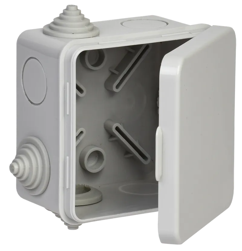 KM41238 junction box for exposed wiring 100x100x50 mm IP44 (RAL7035, 7 lead-ins, pop-top cap)