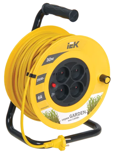 An extension cord on a reel makes it easy to connect electrical equipment remote from a fixed outlet. Indispensable in the garden, in amusement parks, in industry and in everyday life.