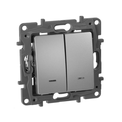 ETIKA Переключатель 2-клавишный с подсветкой/индикацией схема 6/2L 10АХ безвинтовые зажимы алюминий