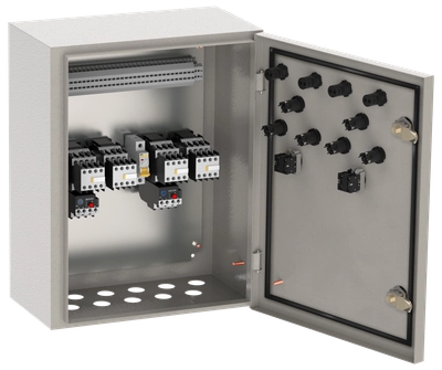 Ящик управления РУСМ5435-2674 реверсивный 2 фидера без автоматического выключателя с переключателем на автоматический режим 4А IP54 IEK