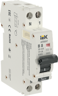 ARMAT Автоматический выключатель дифференциального тока B06S 1P+NP B8 30мА тип AC (18мм) IEK