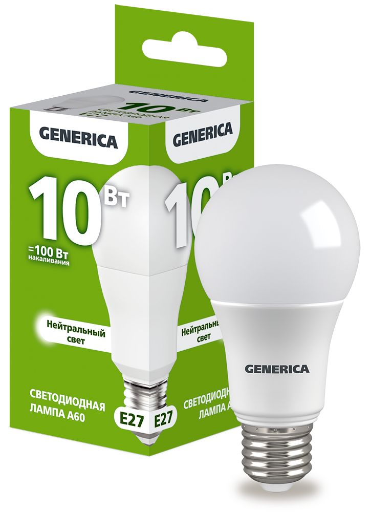 Лампа светодиодная A60 груша 10Вт 230В 4000К E27 GENERICA (LL-A60-10-230-40-E27-G)